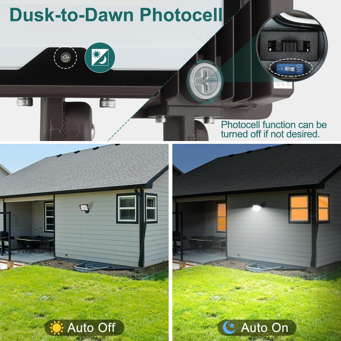 kadision 55W LED Flood Light with Dusk-to-Dawn Photocell, 3000K/4000K/5000K Selectable, 120V 6600lm IP65 Waterproof Knuckle Mount Outdoor Security Lights, ETL Listed, 4-Pack