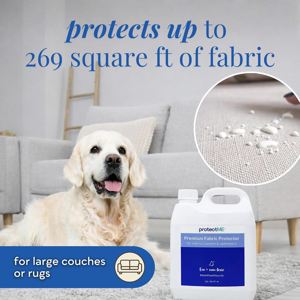 protectME Fabric Protector and Stain Resistant Spray - Upholstery Fabric Spray for Stain Guard for Carpet, Shoes, Couch, Sofa - Non Toxic Water Based Furniture Protector - 84.5 Fl. Oz. +Sprayer