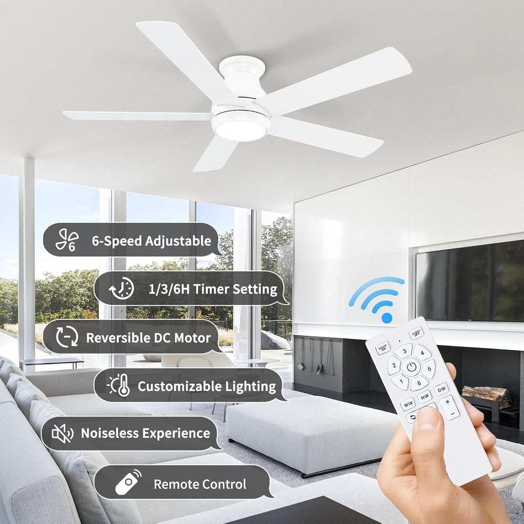 POCHFAN 52 Inch White Ceiling Fans with Lights and Remote,LED Low Profile Flush Mount Ceiling Fan for Bedroom,Living Room, with Quiet DC Motor,Dimmable 6 Speeds