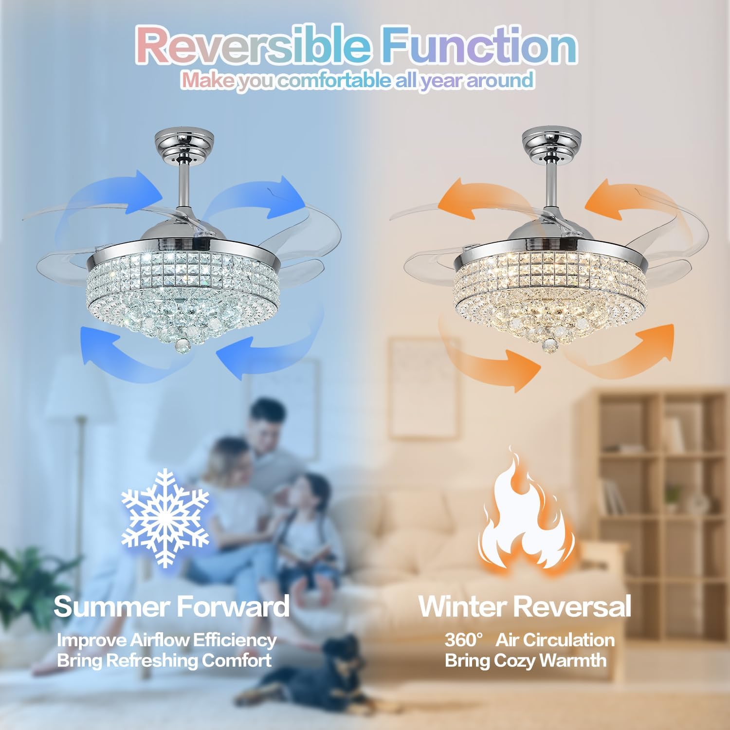 36' Bluetooth Ceiling Fan with Light and Speaker,RGB Retractable Blades Crystal Fandelier Music Player LED Chandelier 6-Speed APP Control Timer Remote Control for Bedroom Silver