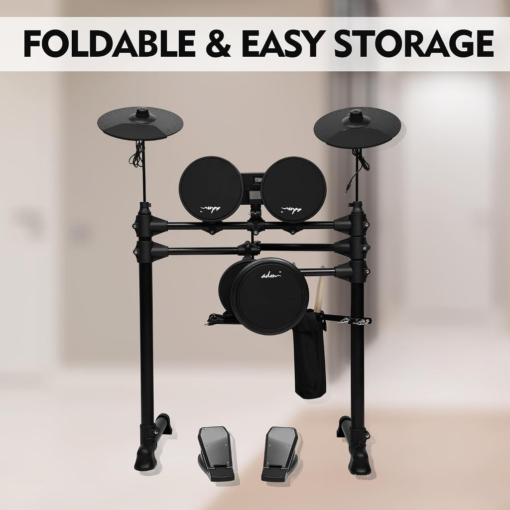 ADM Electronic Drum Set With 4 Quiet Electric Drum Silicone Pads, 180+ Sounds, Electric Drum Kit For Beginngers with 2 Switch Pedals, Throne, Headphones, DrumSticks, and Melodics Lessons