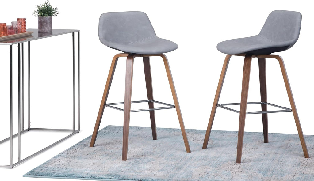 SIMPLIHOME Randolph Mid Century Modern 28 inch Bentwood Counter/ Bar Height Stool (Set of 2) in Stone Grey Vegan Faux Leather for the Dining Room and Kitchen