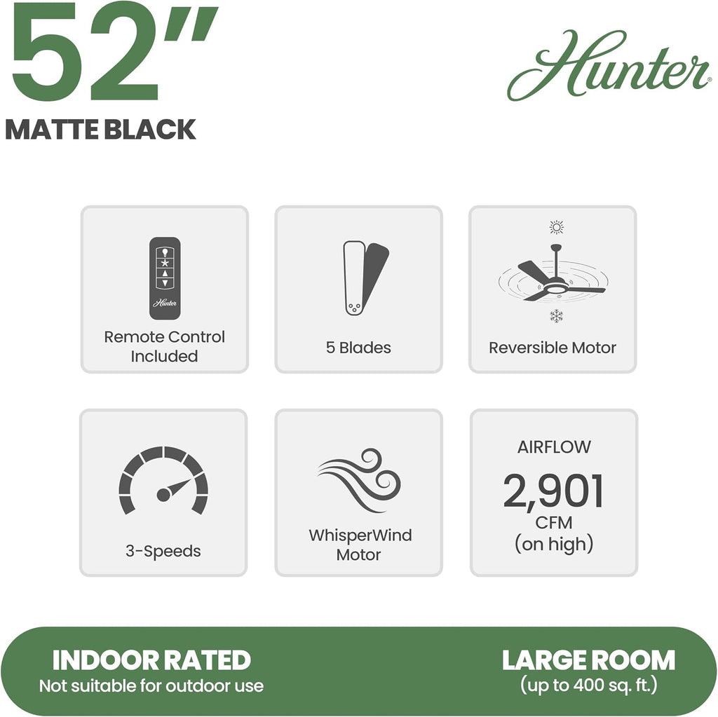 Hunter Fan 52 inch Contemporary Matte Black Indoor Ceiling Fan with Light Kit and Remote Control (Renewed)