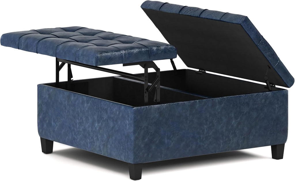 SIMPLIHOME Harrison Coffee Table Storage Ottoman - 36 inch Wide Upholstered Vegan Leather Square Lift-Top Ottoman in Denim Blue, Transitional Ottoman for Living Room with Hidden Storage