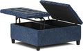 SIMPLIHOME Harrison Coffee Table Storage Ottoman - 36 inch Wide Upholstered Vegan Leather Square Lift-Top Ottoman in Denim Blue, Transitional Ottoman for Living Room with Hidden Storage