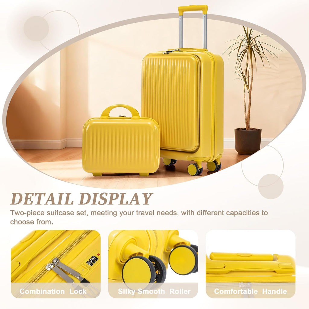 Two-piece luggage set with swivel wheels black hard shell 20-inch carry-on and 14-inch vanity case (Yellow)