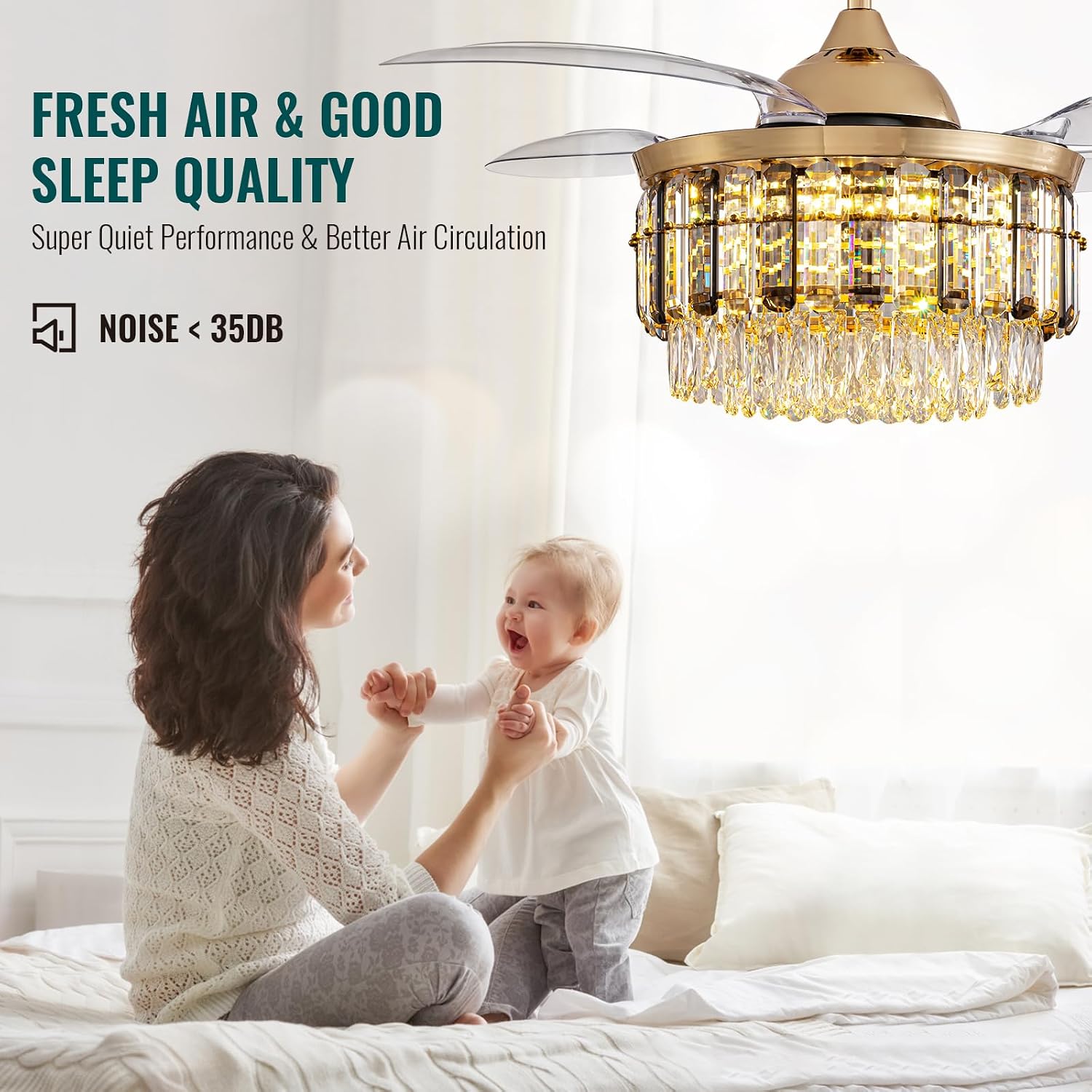 Siljoy 48 Inch Crystal Ceiling Fan with Light, Retractable Ceiling Fan with Lights Chandelier Fan, 6 Speeds, Dimmable Rose Gold Crystal Fandelier for Bedroom, Living Room, Dining Room