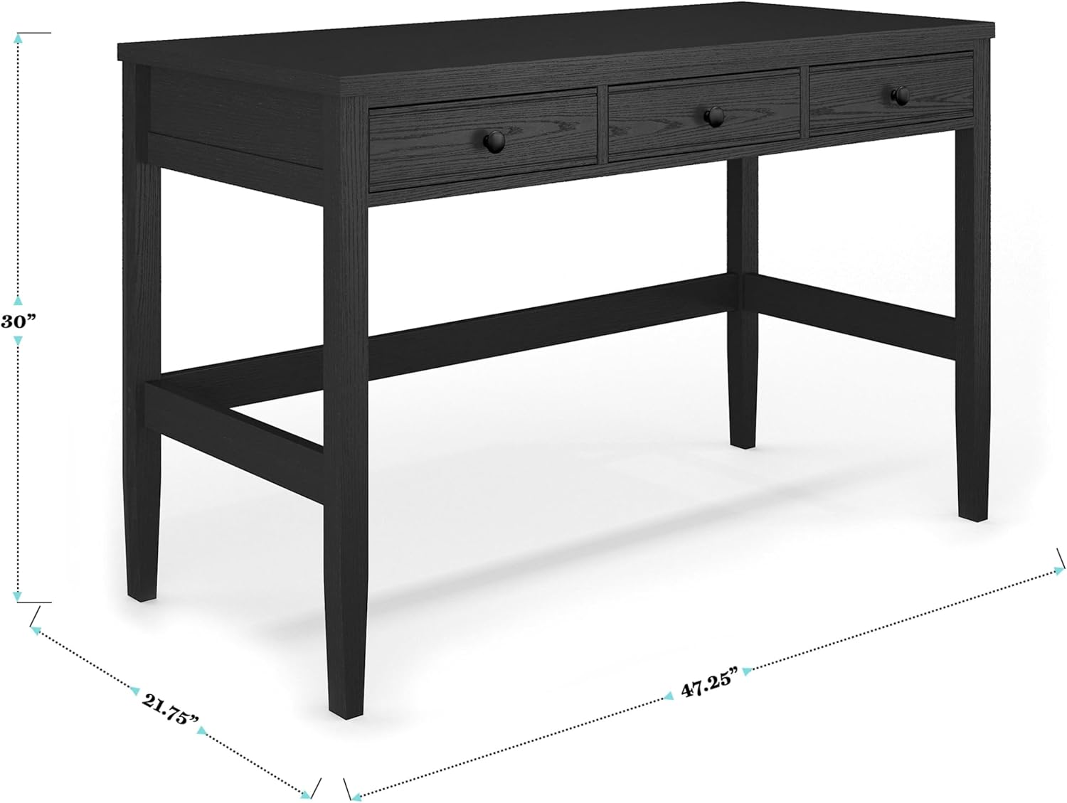 Martha Stewart Rhett Home Office Desk with 3 Drawers and Tapered Legs in Black with Oil Rubbed Bronze Hardware