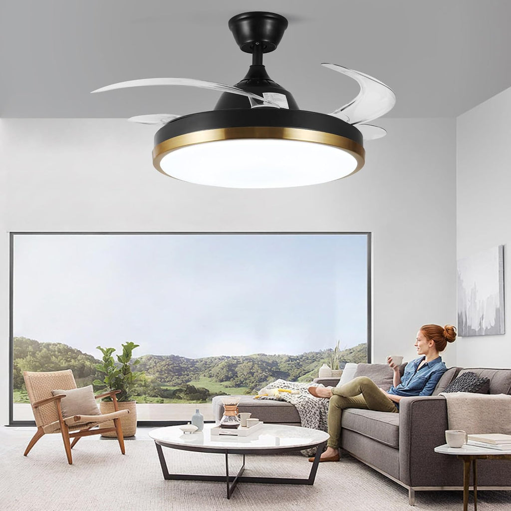 Retractable Ceiling Fan with Lights, 42' Fandelier, Black and Gold Bluetooth Ceiling Fan, Invisible Blades, Dimmable Chandelier Ceiling Fan with Remote Control