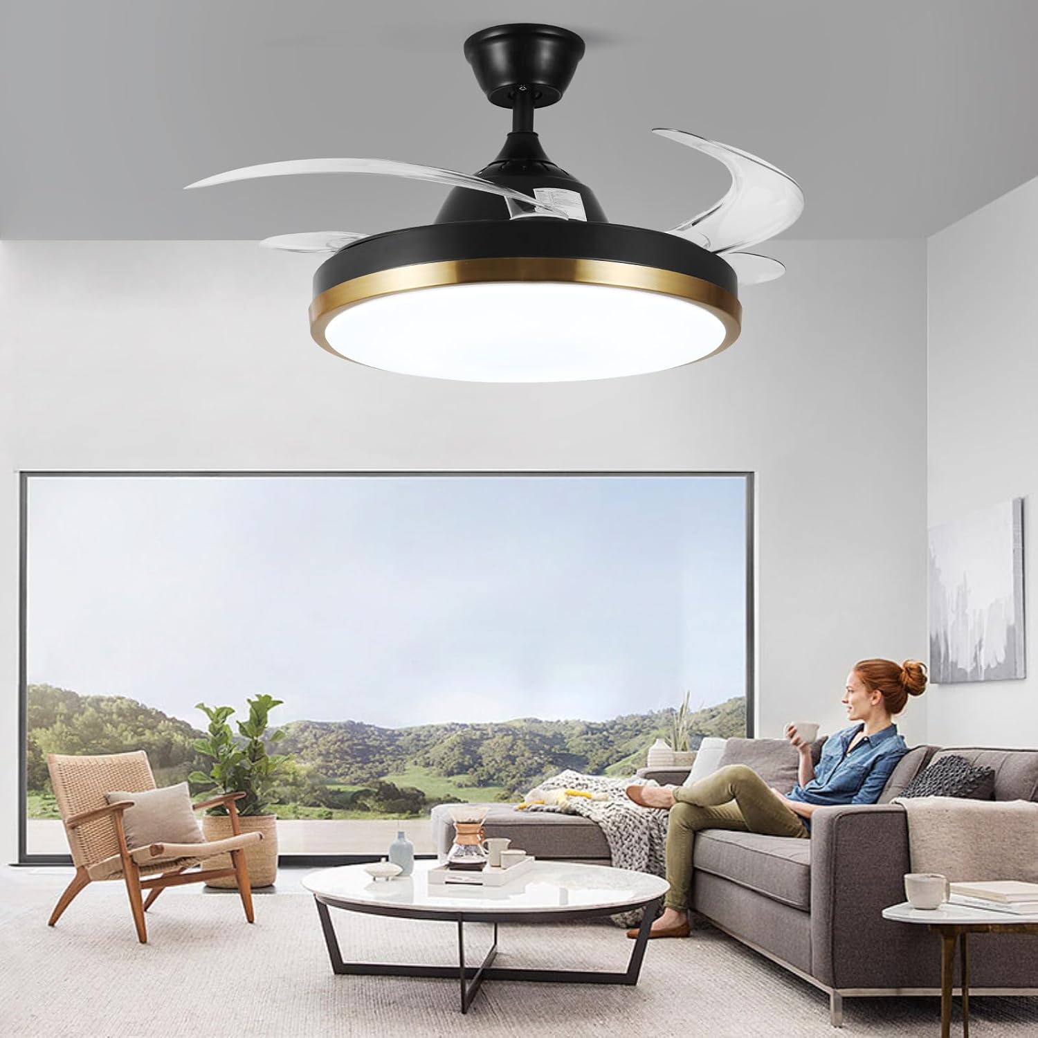 Retractable Ceiling Fan with Lights, 42' Fandelier, Black and Gold Bluetooth Ceiling Fan, Invisible Blades, Dimmable Chandelier Ceiling Fan with Remote Control