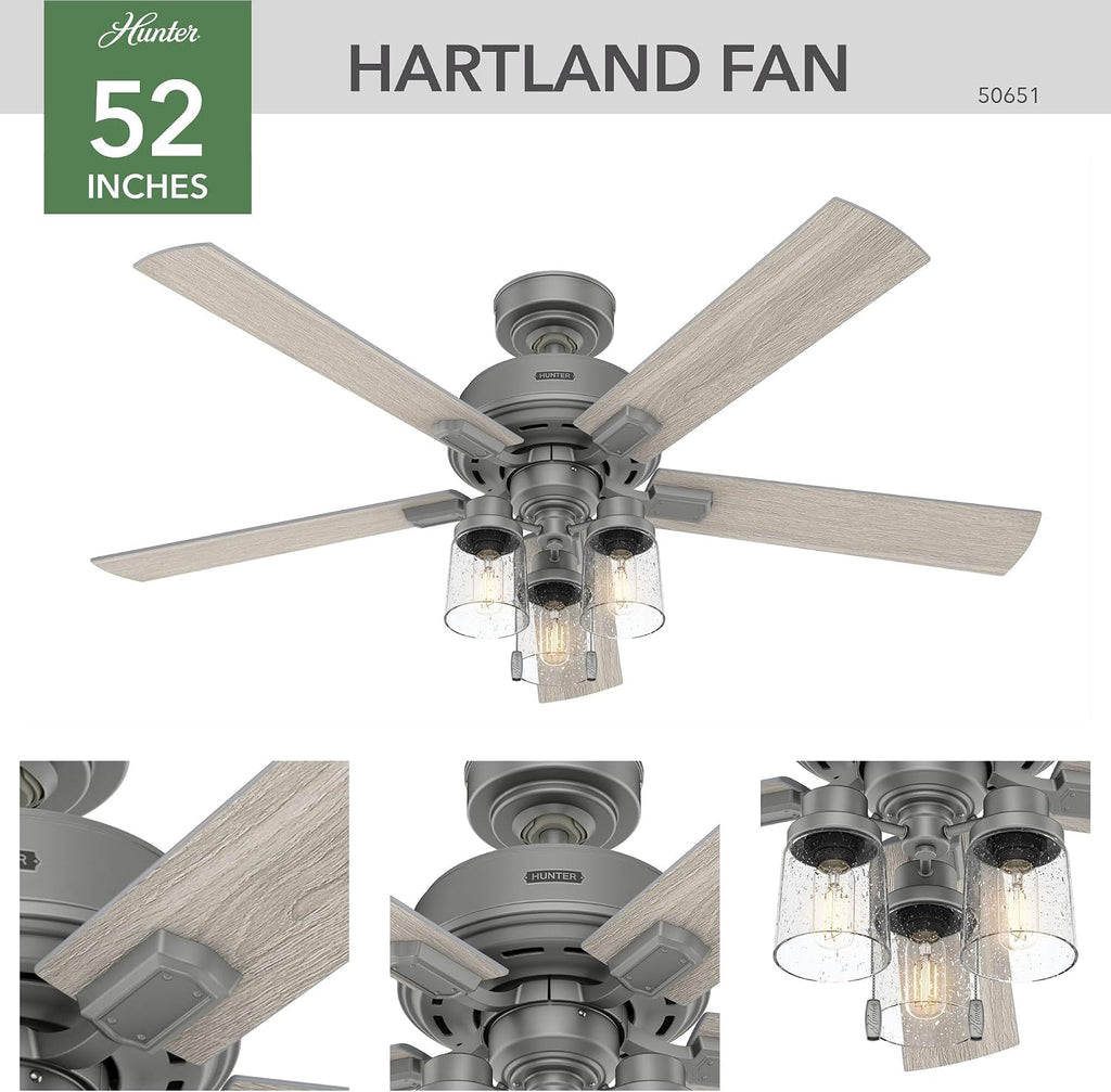 Hunter 52 inch Indoor Ceiling Fan with LED Lights - Ceiling Fan with Pull Chain, For Bedroom, Living Room, or Kitchen, Standard Mount, No Remote, 5 Blades - Hartland 50651, Matte Silver