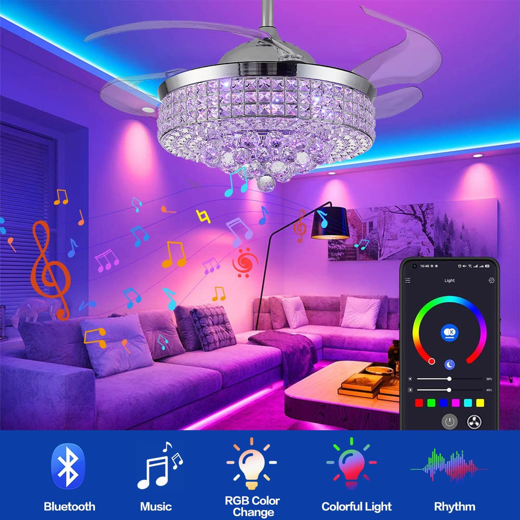 36' Bluetooth Ceiling Fan with Light and Speaker,RGB Retractable Blades Crystal Fandelier Music Player LED Chandelier 6-Speed APP Control Timer Remote Control for Bedroom Silver