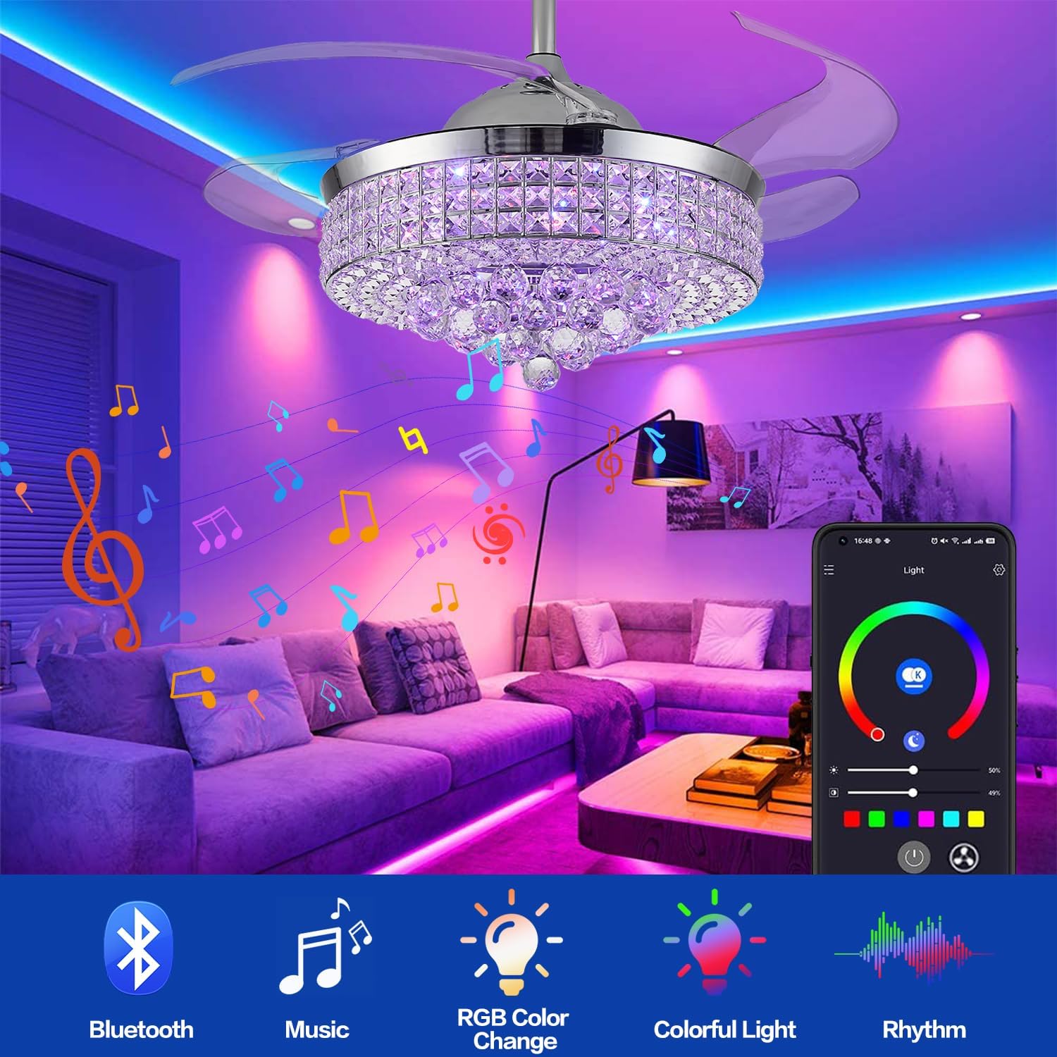 36' Bluetooth Ceiling Fan with Light and Speaker,RGB Retractable Blades Crystal Fandelier Music Player LED Chandelier 6-Speed APP Control Timer Remote Control for Bedroom Silver