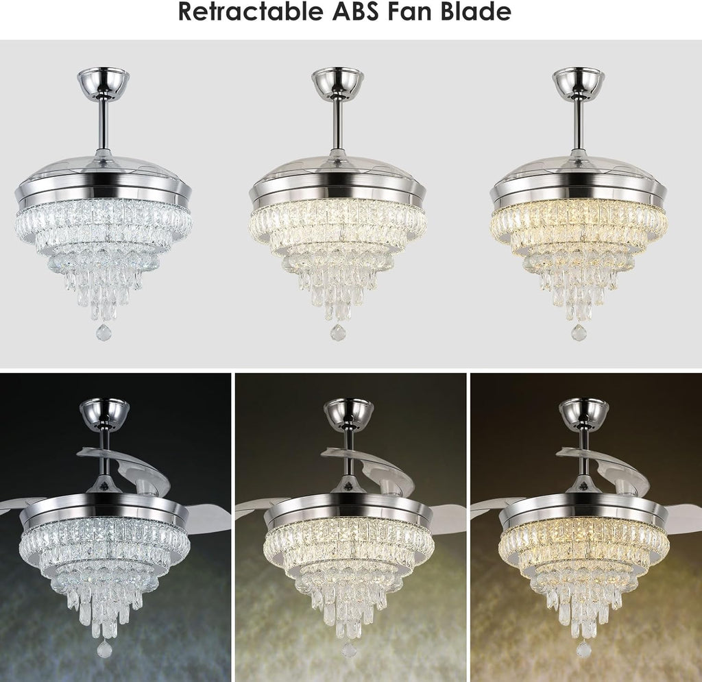 CLAIRDAI 42'' Crystal Ceiling Fan with Light, Dimmable LED Fandelier, Retractable Blades, Remote, 6-Speed Reversible, Flush Mount for Bedroom Living Room Dining Room