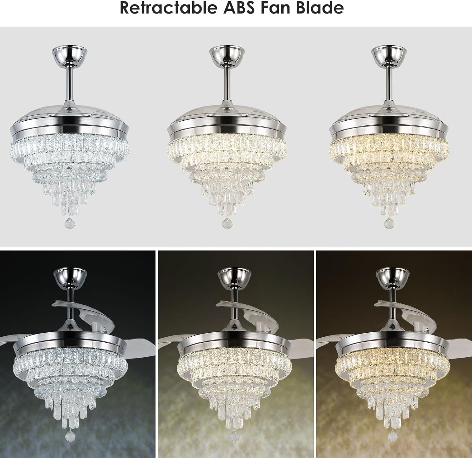 CLAIRDAI 42'' Crystal Ceiling Fan with Light, Dimmable LED Fandelier, Retractable Blades, Remote, 6-Speed Reversible, Flush Mount for Bedroom Living Room Dining Room