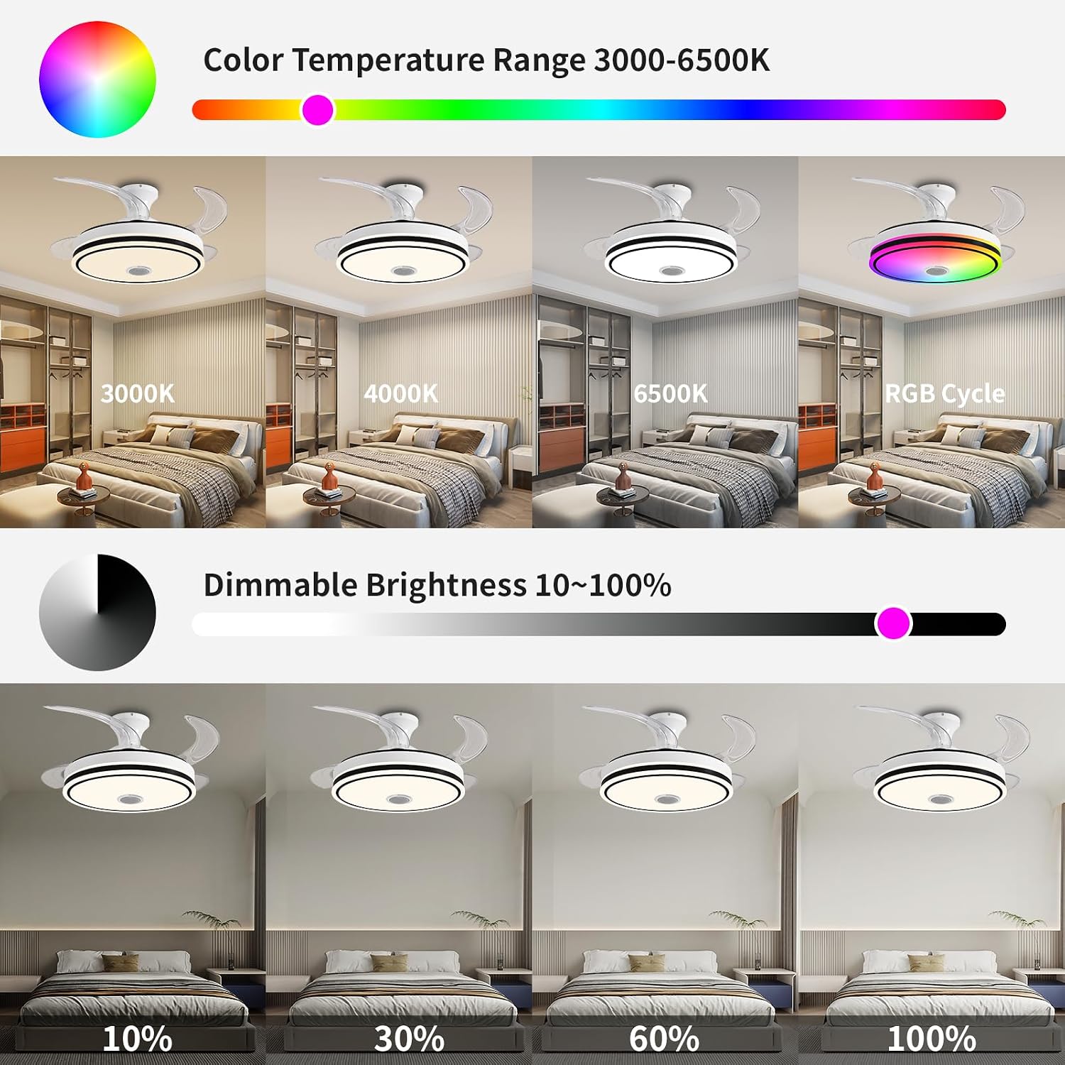 42'' Retractable Ceiling Fan with Lights, Smart Ceiling Fan Light with Bluetooth Speaker, App Control for Dimming & RGB Color Change Reversible Bedroom Living Room