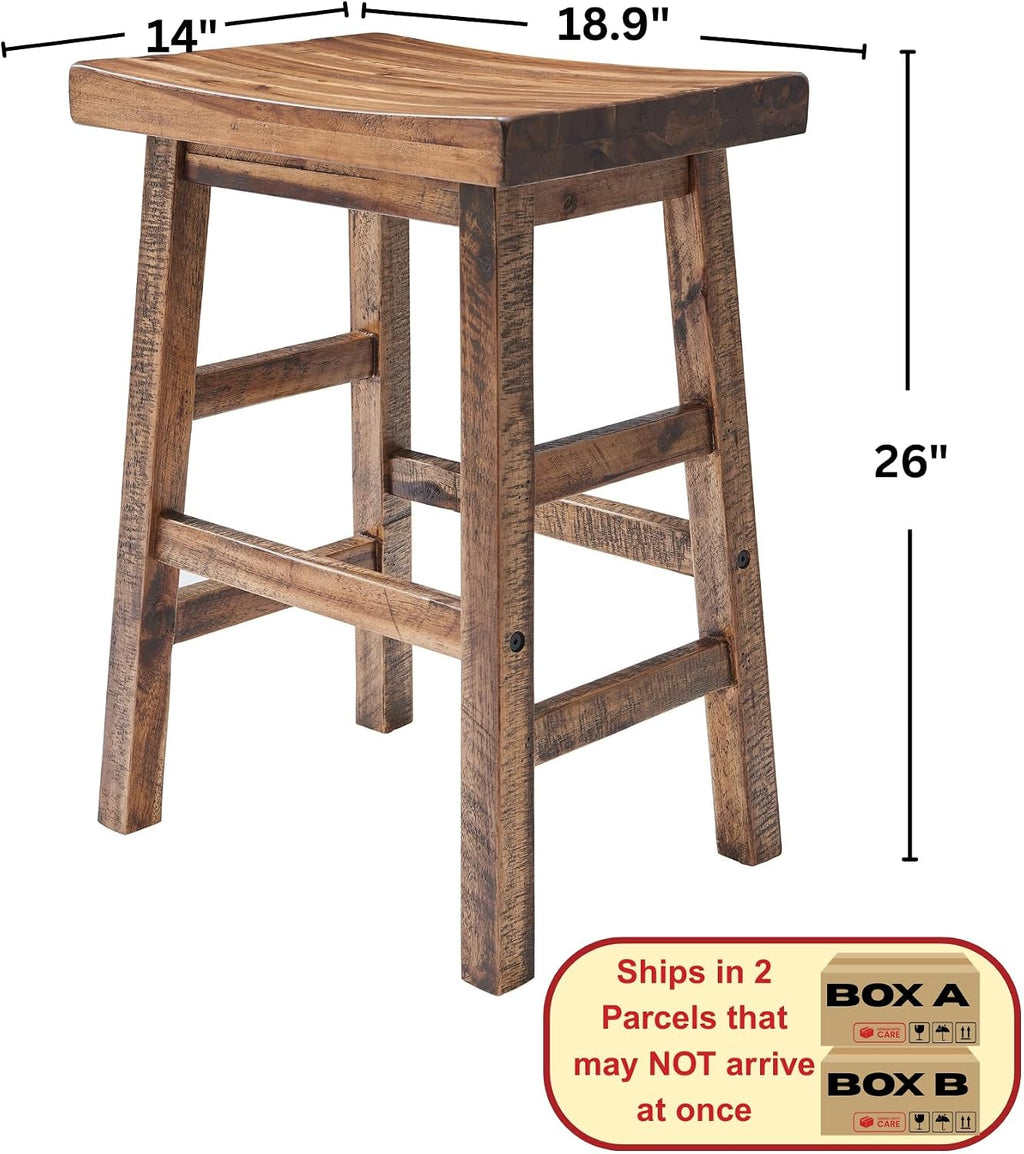 Alaterre Furniture Durango 26-Inch Industrial Wood Counter-Height Stools – Set of 2 Rustic Saddle Seat Bar Stools - Vintage Style with Light or Dark Lacquer Finish for Kitchen Island or Home Bar