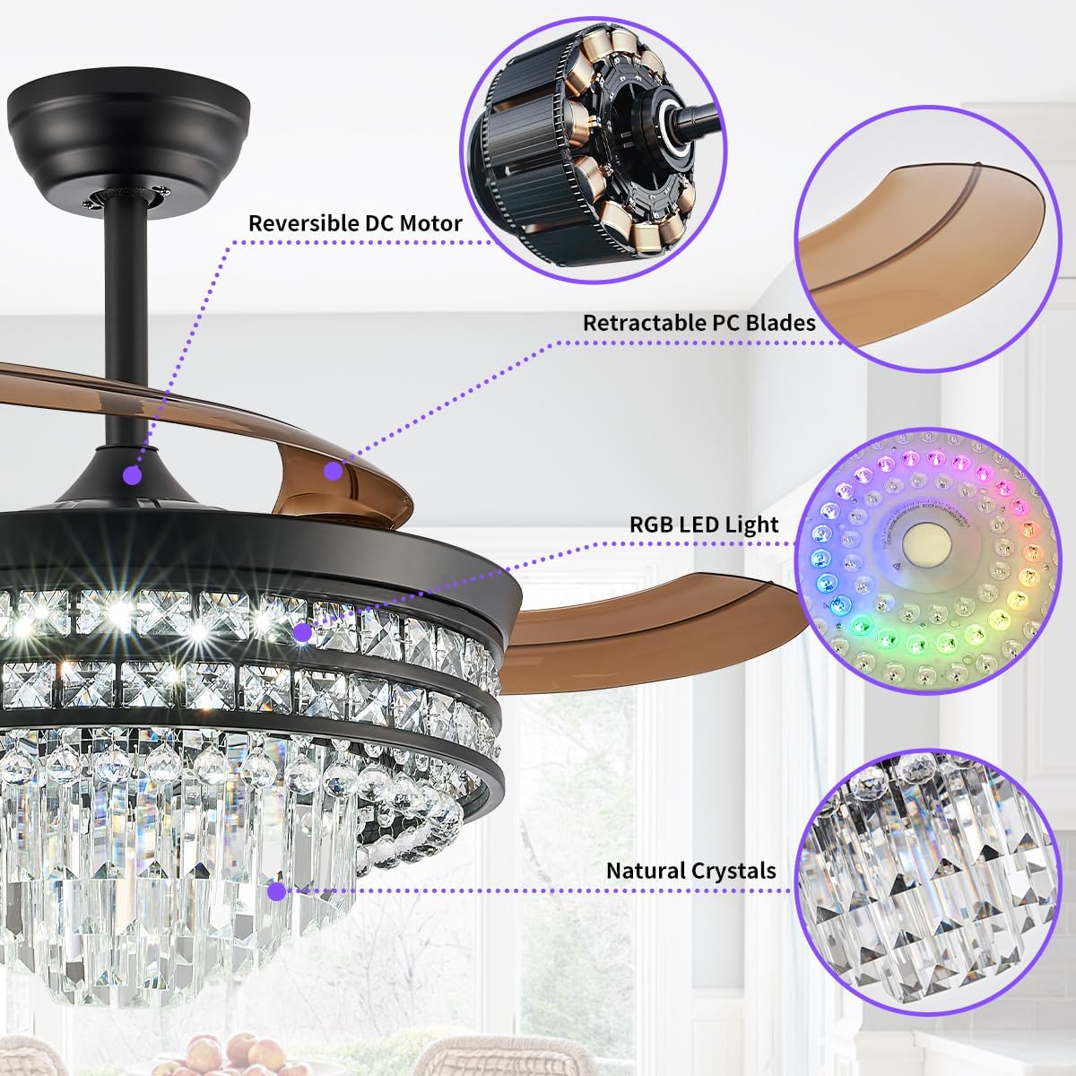 RGB Retractable Fandelier Ceiling Fans with Light and Remote/App, 42' Modern Crystal LED Chandelier Fan, Bladeless Lighting & Ceiling Fans Bedroom, Kitchen | Ventilador de Techo Con Luz, Black