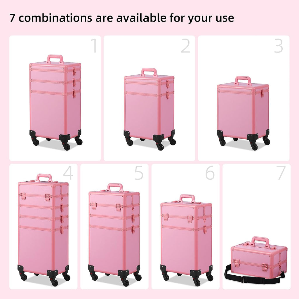 Somduy Makeup Train Case, Rolling Makeup Case with Lid, 5 in 1 Cosmetology Case on Wheels, Christmas Gift, Large Makeup Case Organizers, Profesional Cosmetic Case for Salon Barber, Pink