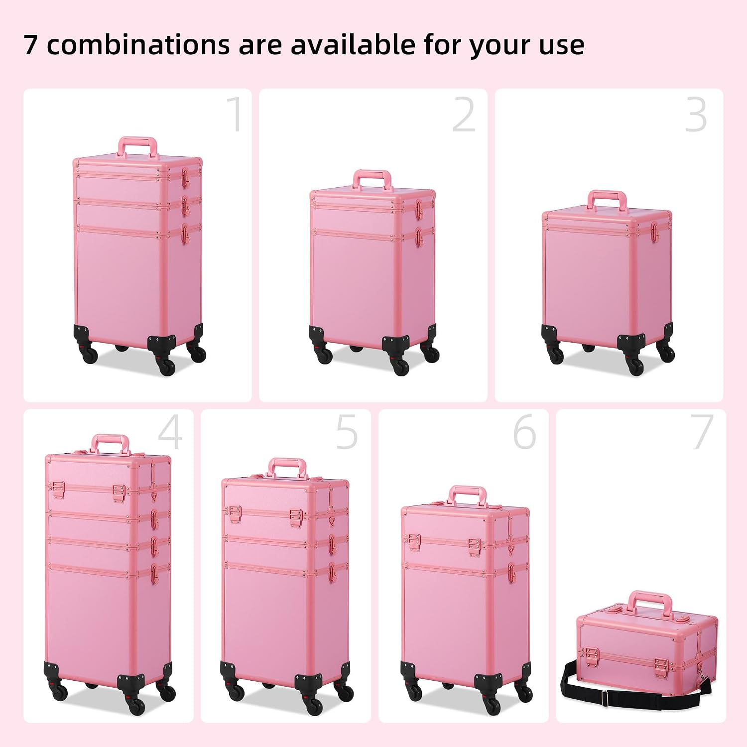 Somduy Makeup Train Case, Rolling Makeup Case with Lid, 5 in 1 Cosmetology Case on Wheels, Christmas Gift, Large Makeup Case Organizers, Profesional Cosmetic Case for Salon Barber, Pink