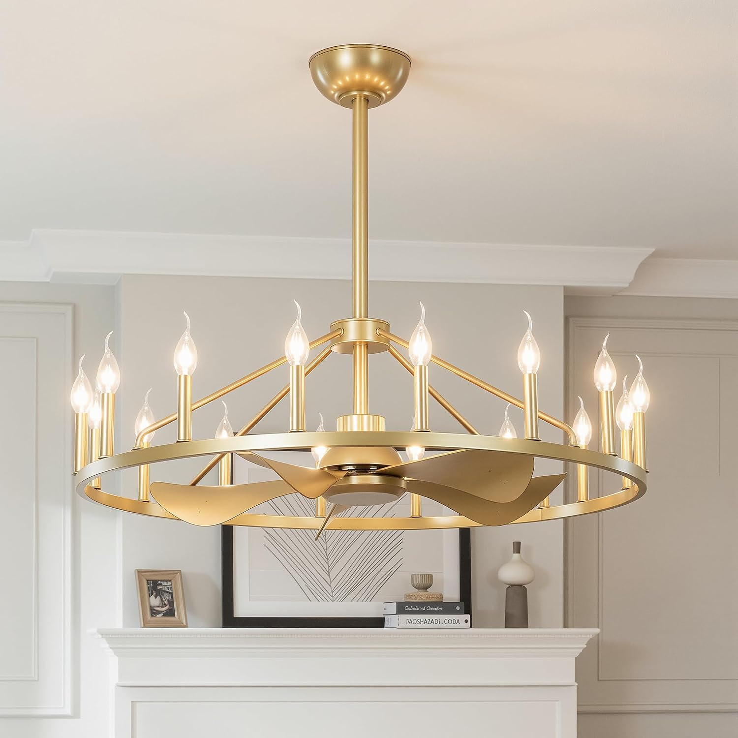 Farmhouse Chandelier Ceiling Fan with Light and Remote, 16-Lights Large Wagon Wheel Fandelier with Candle for Living Room, Gold Fan with Big Light Fixture for Living Room