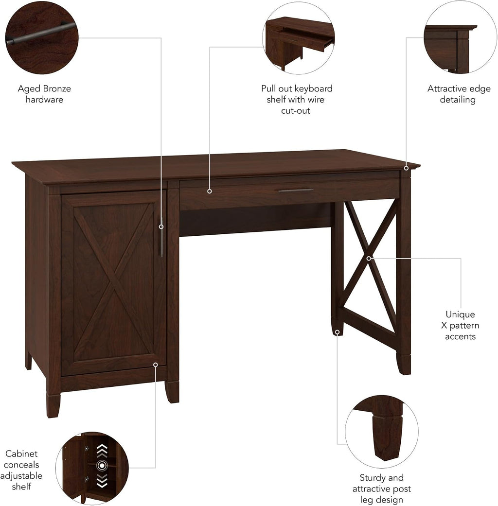 Bush Home Key West Computer Desk with Storage | Farmhouse PC Table for Home Office in Bing Cherry | 54W x 24D