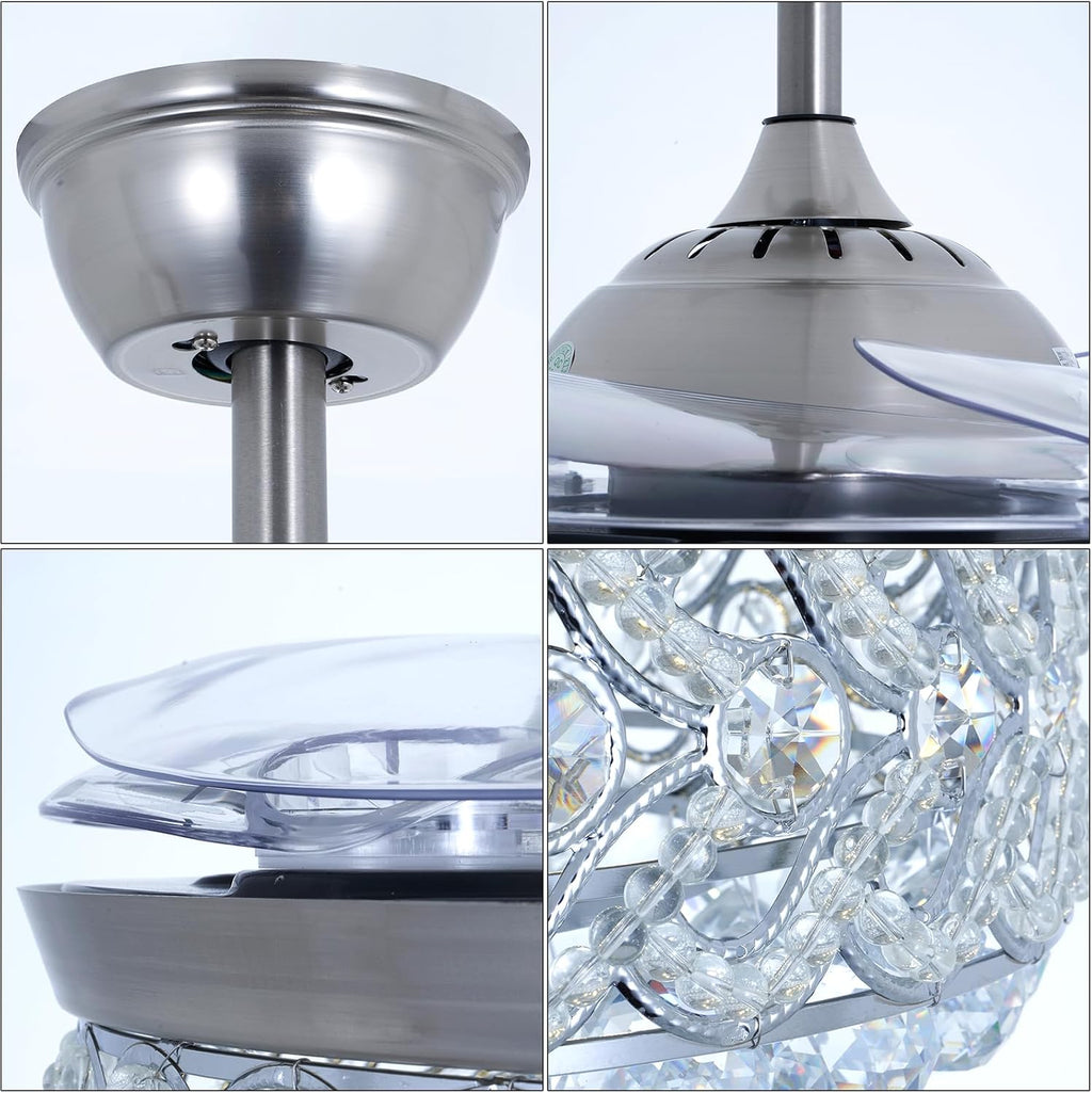 BIGBANBAN 42' Crystal Chandelier Fan with Light Remote Control, Silver Retractable Ceiling Fan 3 Colors LED Light 3 Speeds Modern Smart Fandelier for Dinning Room Bedroom