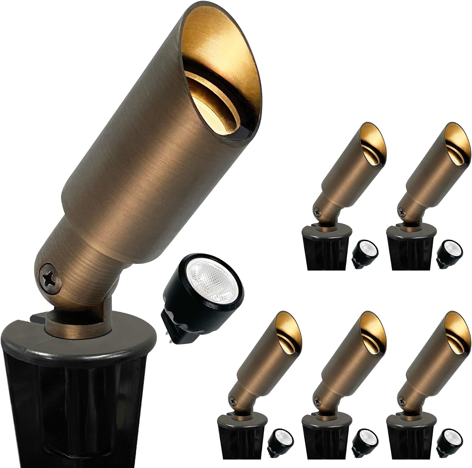 GKOLED 6 Pack Mini Size Brass Landscape Spotlight, Low Voltage 12V AC/DC Outdoor Directional Up Light, 180 LM, 3W MR8 LED Bulb ABS Ground Stake, 2700K Warm White, Garden Patio Trees Spot Uplight