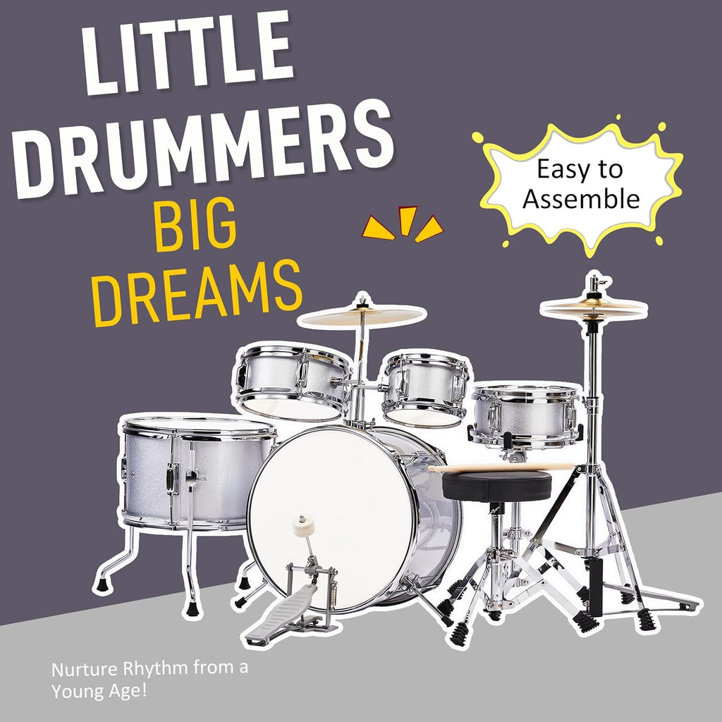 Ktaxon 5-Piece Complete Junior Drums Set, 14 Inch Beginners Drum Kit with Throne Stool, Pedal & Drumsticks, Drums Musical Instruments W/Cymbal, Hi-Hat, Floor, Tom and Snare Drum (Silver)