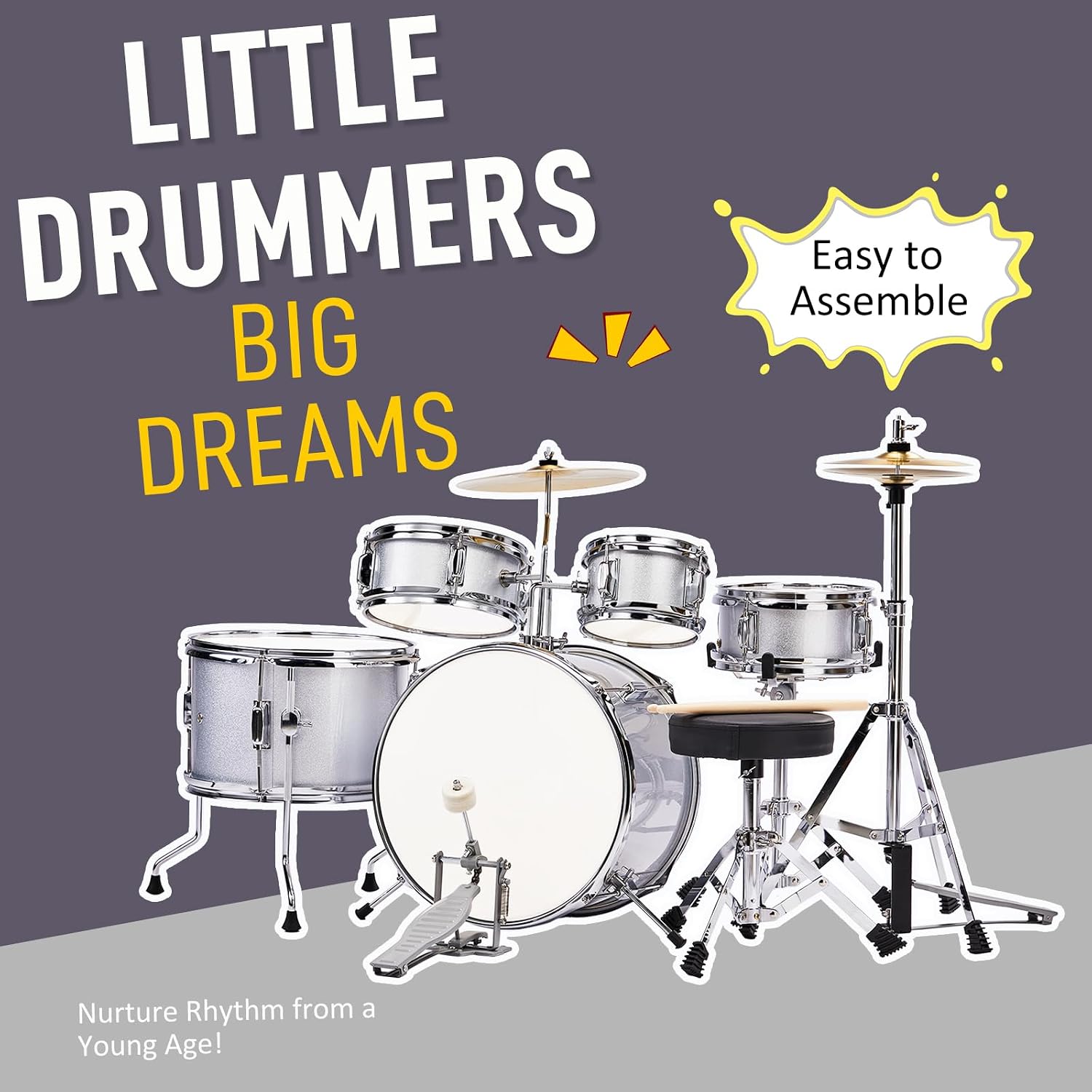 Ktaxon 5-Piece Complete Junior Drums Set, 14 Inch Beginners Drum Kit with Throne Stool, Pedal & Drumsticks, Drums Musical Instruments W/Cymbal, Hi-Hat, Floor, Tom and Snare Drum (Silver)