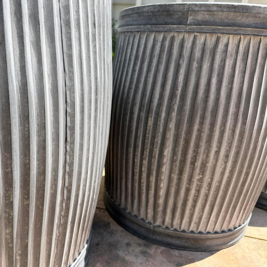 WHW Whole House Worlds French Country Style Tall Belly Bucket Pot Planters, Set of 3, Galvanized Metal, Vintage Grey, White Patina, Corrugated Cache Pots, Rustic, 22.5'