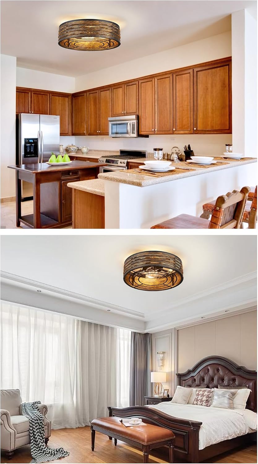 20'' Flush-Mount Smart Ceiling Fan with Dimmable-Light and Memory Remote APP/Alexa Control, Reversible-Motor, Perfect for Bedroom, Kitchen, Low-Profile Bronze Design Cage