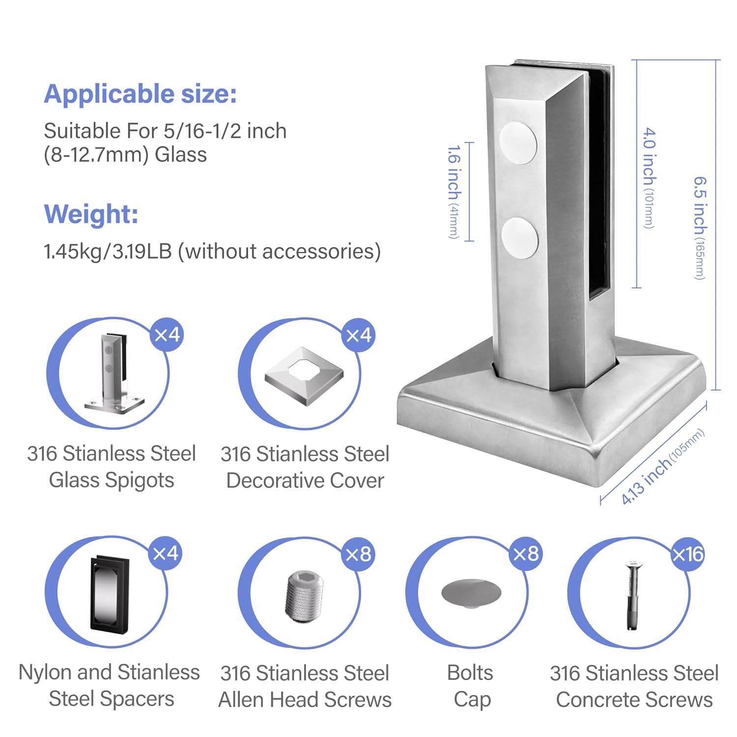 Glass Railing Clamp,4 Pack 316 Stainless Steel 1450g Heavy Duty Square Pool Fence Glass Railing Post Spigot Clamp Floor Mount Rail for Home Garden Stairs Balustrade Balcony