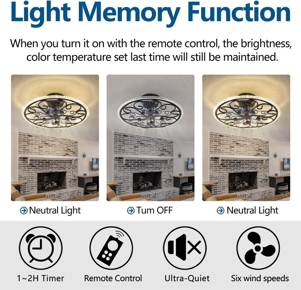 Retro Black Caged Ceiling Fan with Lights Remote Control, 6 Speeds 3 Color Industrial Ceiling Fan with Light for Kitchen Bedroom Living Room