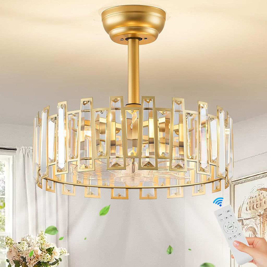 Gold Caged Ceiling Fans with Light, Brass Ceiling Fan Light with Remote Control Modern Crystal Chandelier with Fan 18' Semi-Flush Mount Fandeliers for Bedroom Dining Room Living Room Kitchen