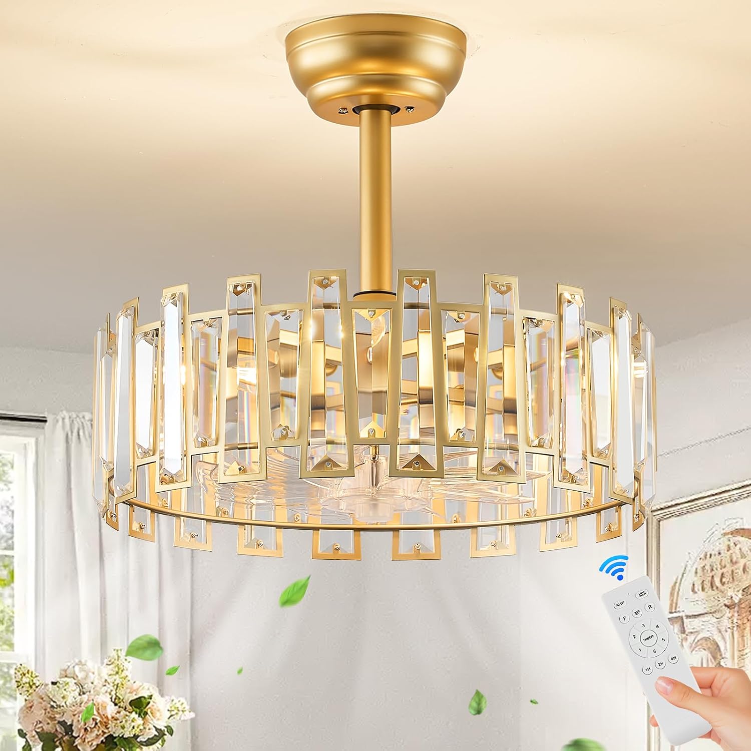 Gold Caged Ceiling Fans with Light, Brass Ceiling Fan Light with Remote Control Modern Crystal Chandelier with Fan 18' Semi-Flush Mount Fandeliers for Bedroom Dining Room Living Room Kitchen