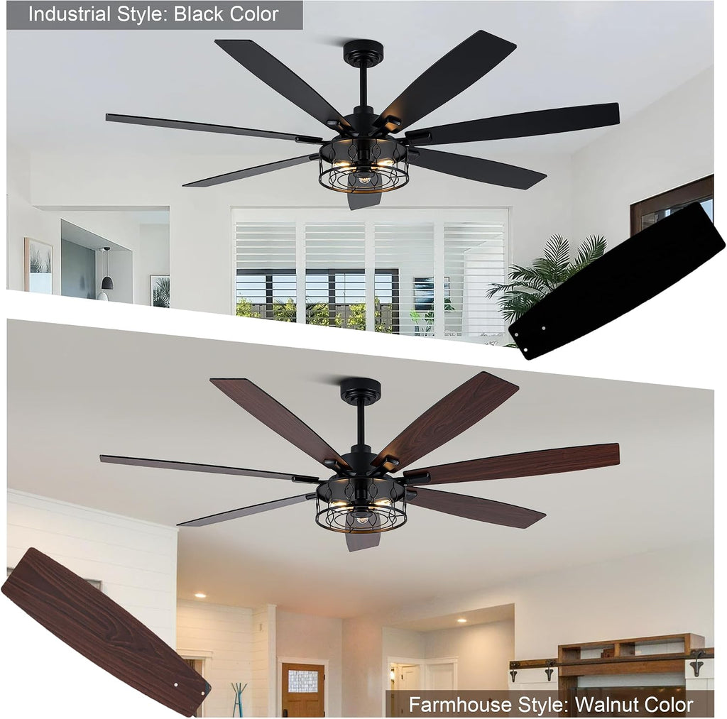 72 Inch Ceiling Fan with Lights Farmhouse Ceiling Fan with Lights Black Caged Fandelier Rustic Industrial Chandelier for Living Room Indoor Outdoor, Reversible DC Motor 6 Speeds