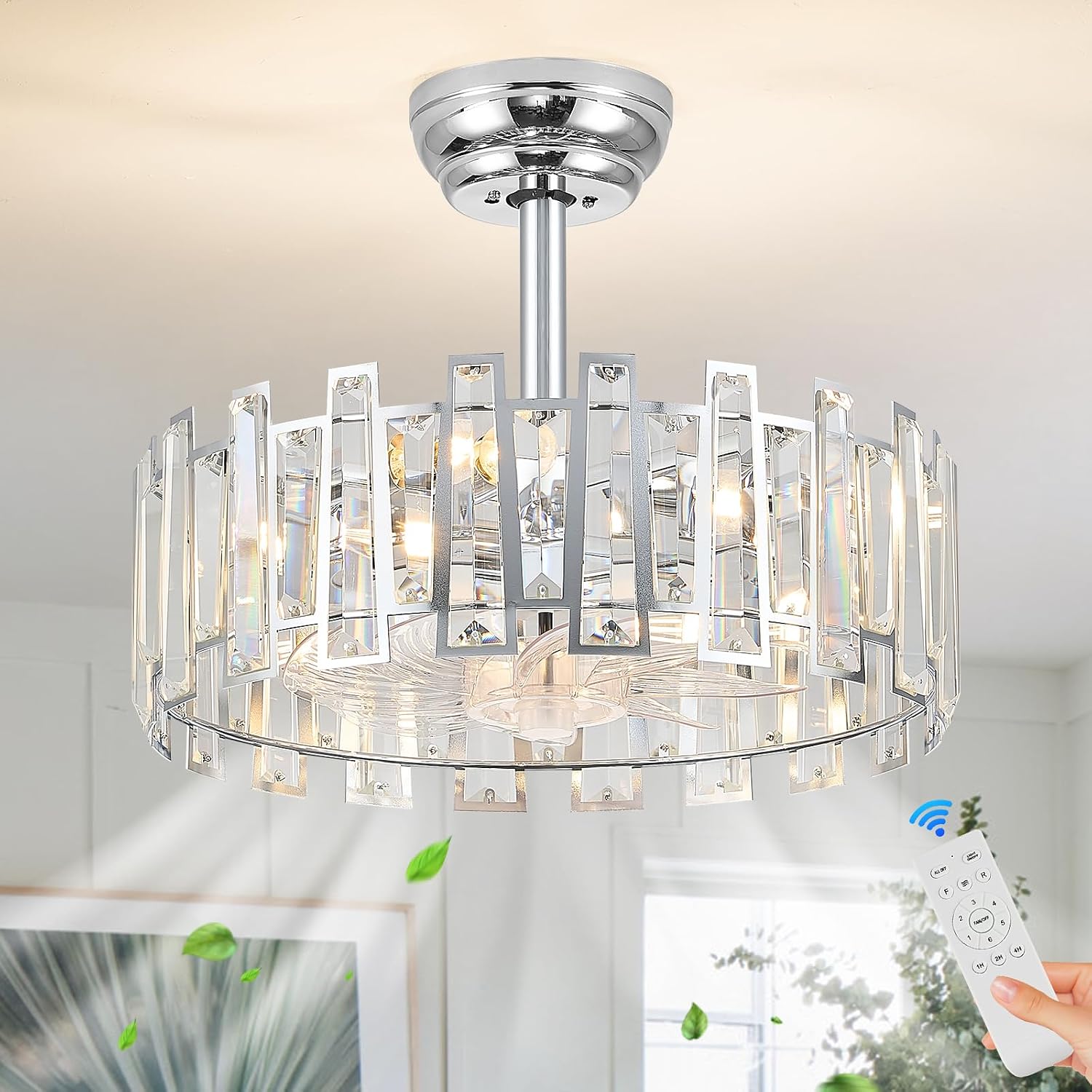 Modern Chrome Caged Ceiling Fan with Light for Bedroom Crystal Ceiling Light Fixture with Fan Bladeless Crystal Chandelier with Fan 18' Fandelier for Kitchen Hallway Dining Room
