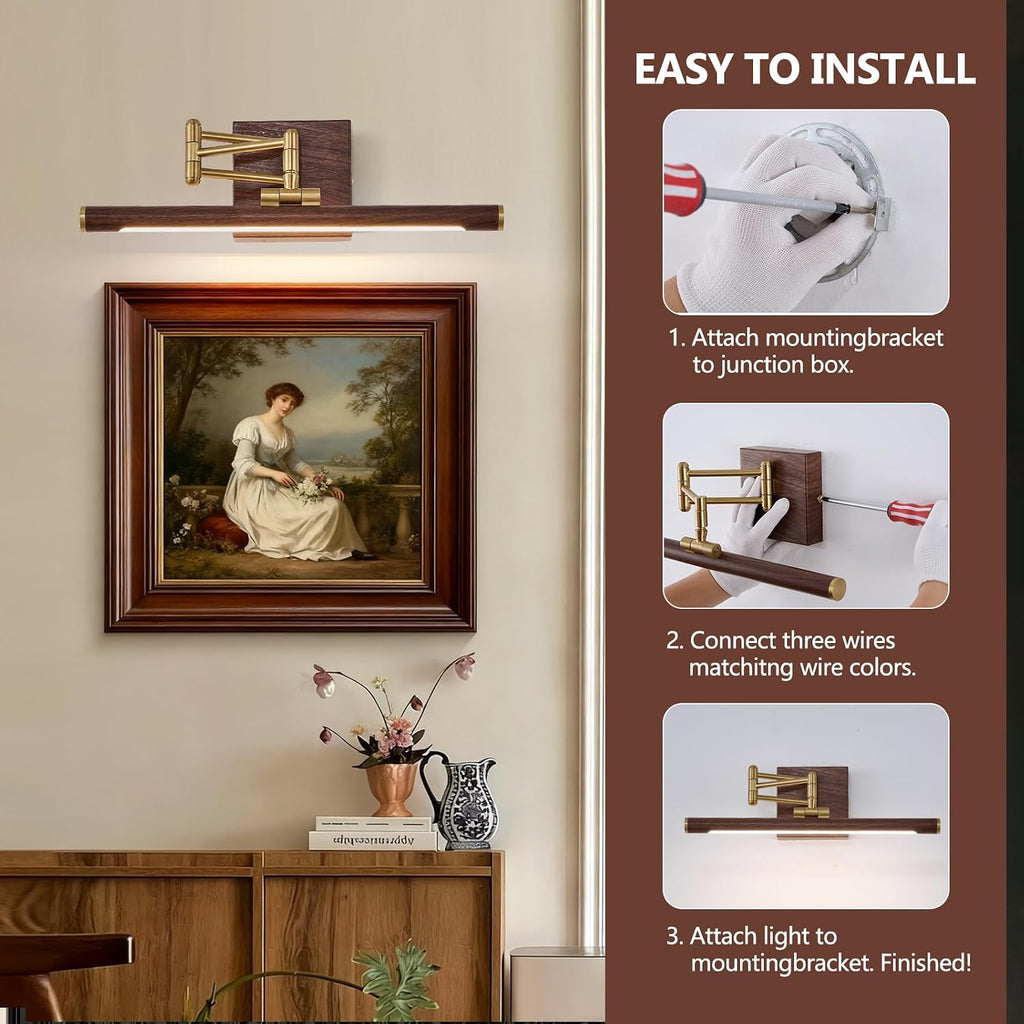 2 Pack Hardwired Dimmable LED Picture Light, Adjustable Swing Arm Wall Art Lamp, Brass Walnut Wood Finish Gallery Lighting for Painting Mirror Artwork Wall Decor