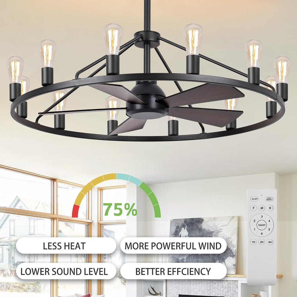 She's home 43' Black Wagon Wheel Chandelier Fan with Light, 12-Lights Large Round Candle Farmhouse Fandelier Ceiling Fan with Light Fixture for Living Room, Dining Room, Height Adjustable