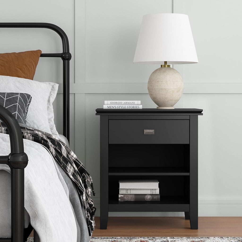 SIMPLIHOME Artisan Bedside Table - 24 inch Wide Solid Wood Nightstand Table in Black, Contemporary Bedroom Side or End Table with 1 Drawer, Open Shelf Storage and Bronze Knobs