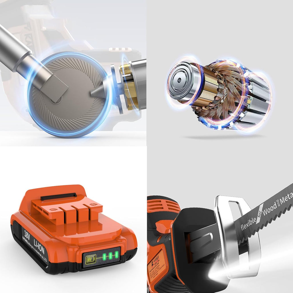 Powerful Reciprocating Saw - Variable Speed Electric Cordless Sabre Saw, 2 Batteries & Charger, With 6 Blades For Metal And Wood Cutting Pruning