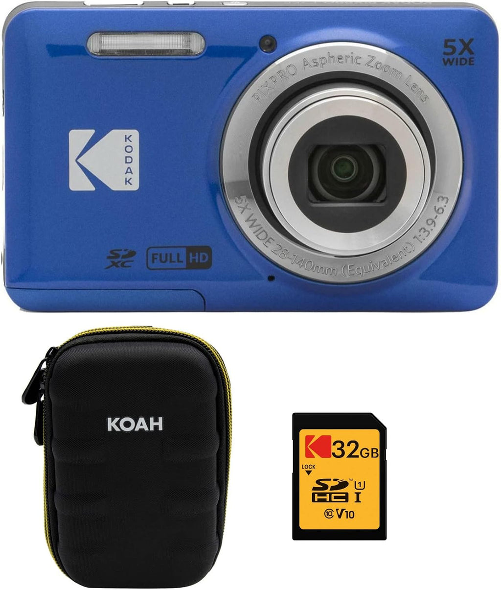 KODAK PIXPRO Friendly Zoom FZ55-BL 16MP Digital Camera with 5X Optical Zoom 28mm Wide Angle and 2.7' LCD Screen (Blue) Bundle with Protective Case, 32GB Memory Card (3 Items)