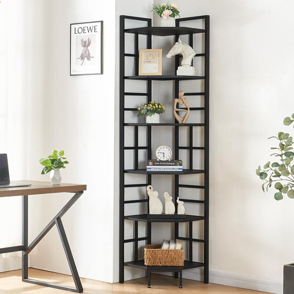 HOMISSUE Corner Shelf, 6 Tier Tall Narrow Bookshelf 76.9', Industrial Corner Bookcase with Storage for Home Office Living Room and Bedroom, Black