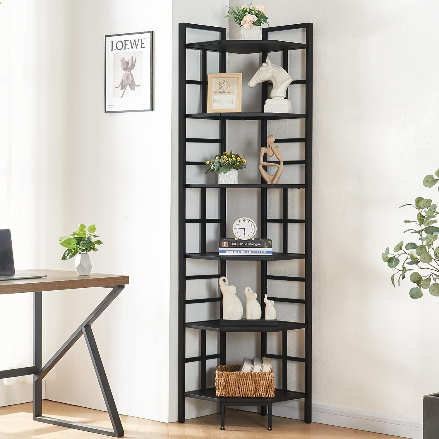 HOMISSUE Corner Shelf, 6 Tier Tall Narrow Bookshelf 76.9', Industrial Corner Bookcase with Storage for Home Office Living Room and Bedroom, Black