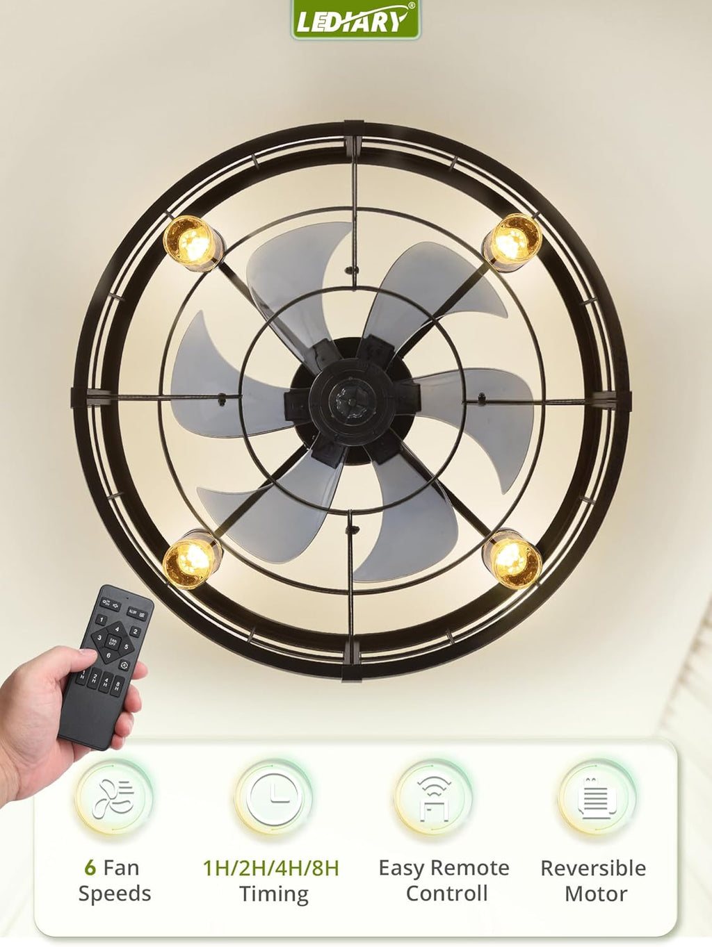 LEDIARY Outdoor Ceiling Fan with Lights for Patios- 22' Waterproof Plug in Gazebo Fan with Remote Control&Timer, 6-Speed Reversible Motor, Hanging Caged Ceiling Fan for Porch, Pergola