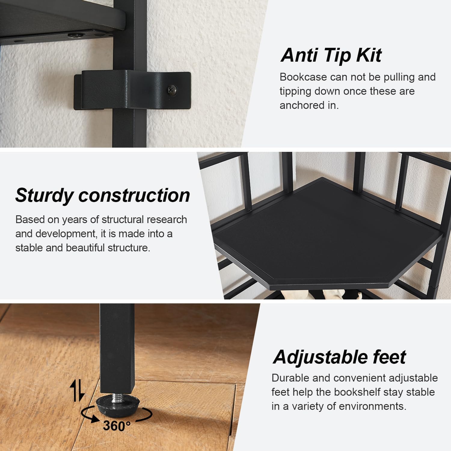 HOMISSUE Corner Shelf, 6 Tier Tall Narrow Bookshelf 76.9', Industrial Corner Bookcase with Storage for Home Office Living Room and Bedroom, Black