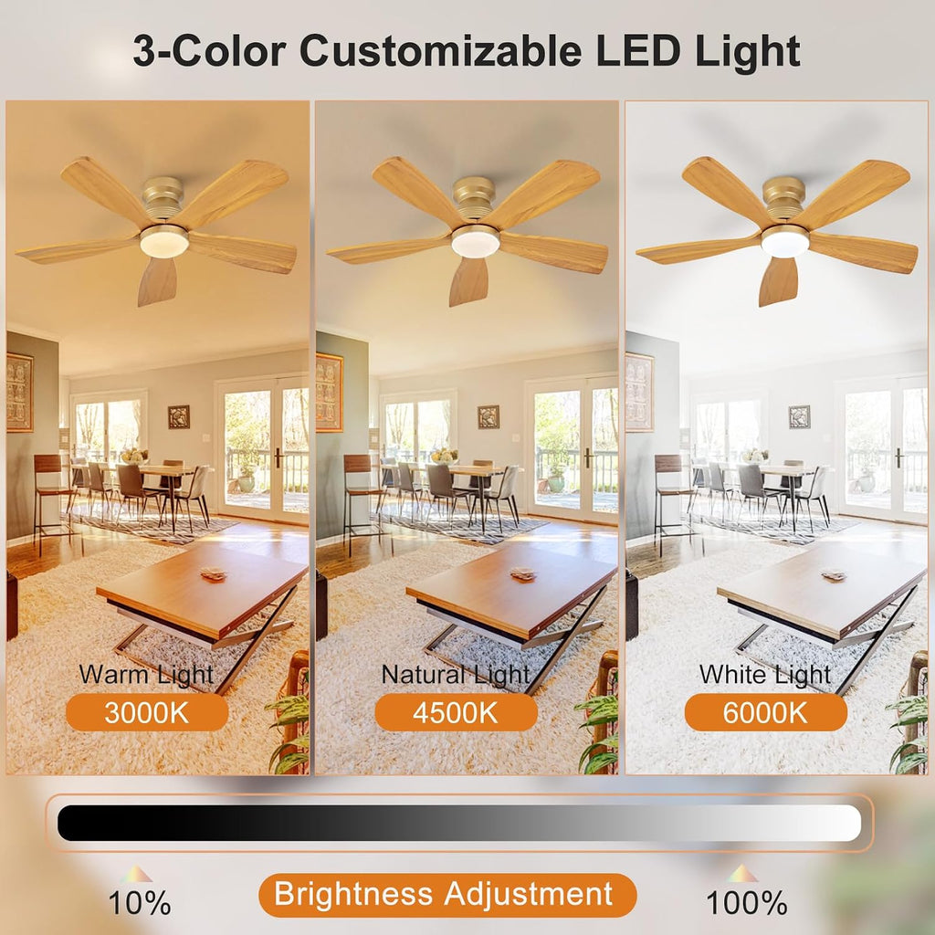 42 Inch Flush Mount Ceiling Fans with Lights and Remote, Dimmable, 5 Blades Wood Ceiling Fan with Light, Low Profile Outdoor Indoor Modern Ceiling Fan for Bedroom Patio (Gold)