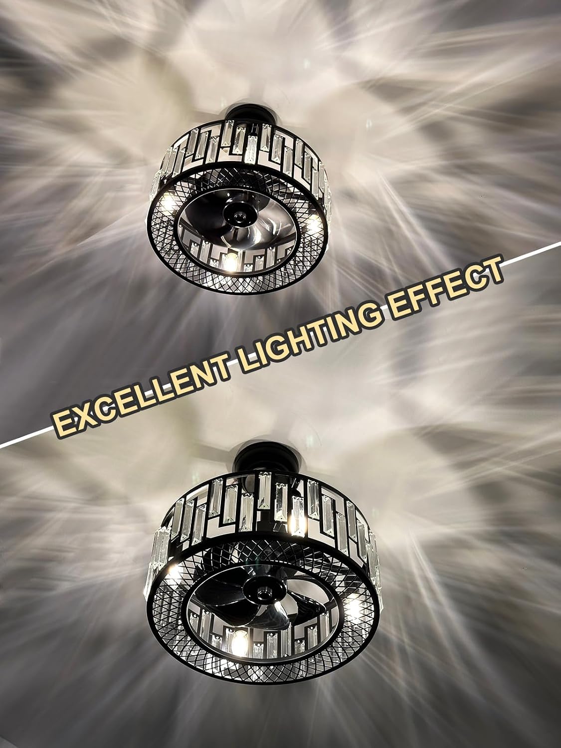 Crystal Caged Ceiling Fan Light Modern Black Fandelier with Remote Control Bladeless Ceiling Fan Lighting for Bedroom Dining Room Kitchen Living Room