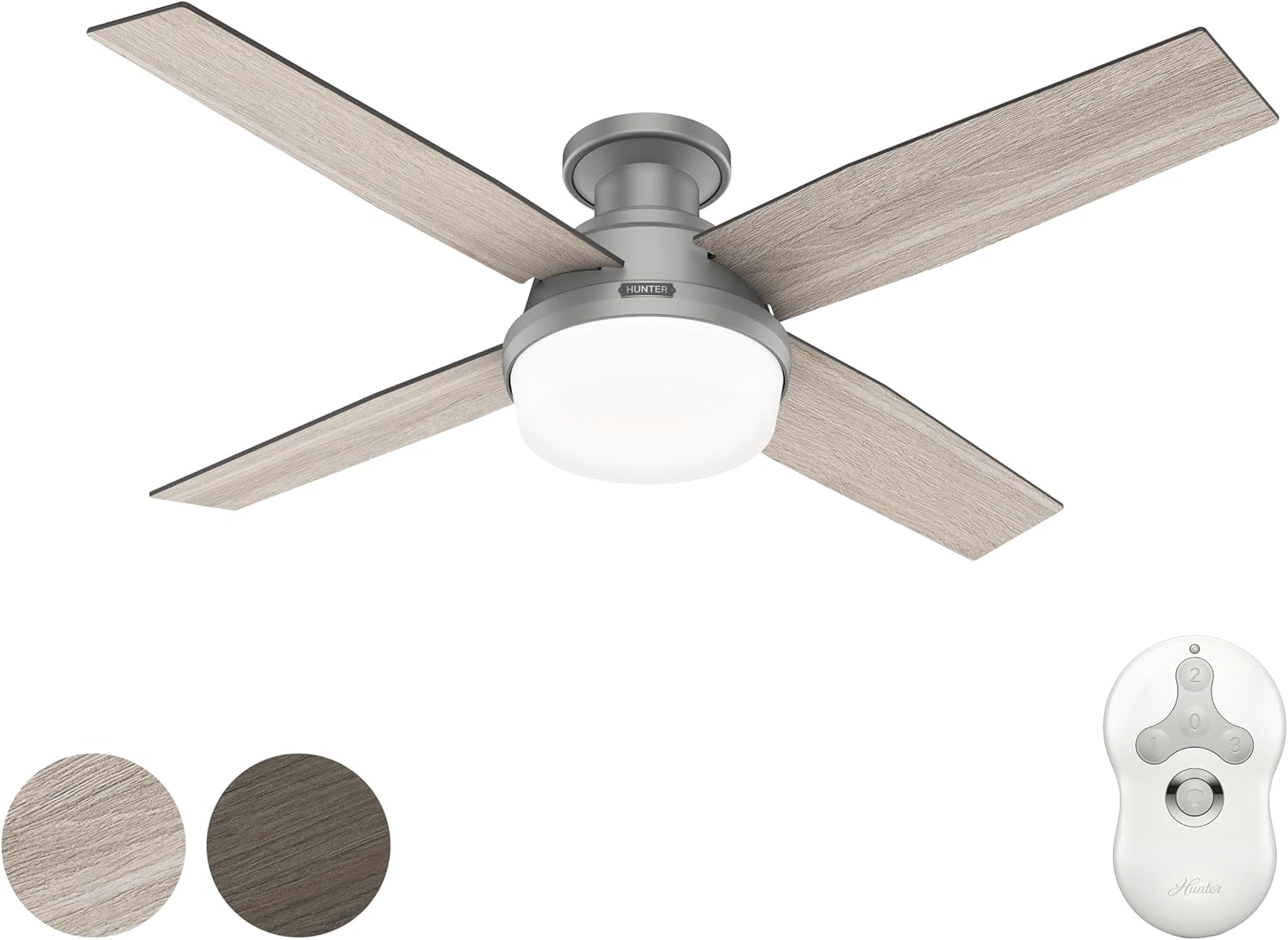Hunter Fan 52 inch Low Profile Matte Silver Indoor Ceiling Fan with LED Light and Remote Control, Holiday Gift for Bedroom, Living Room, Dining Room, Kitchen, Office (Renewed)